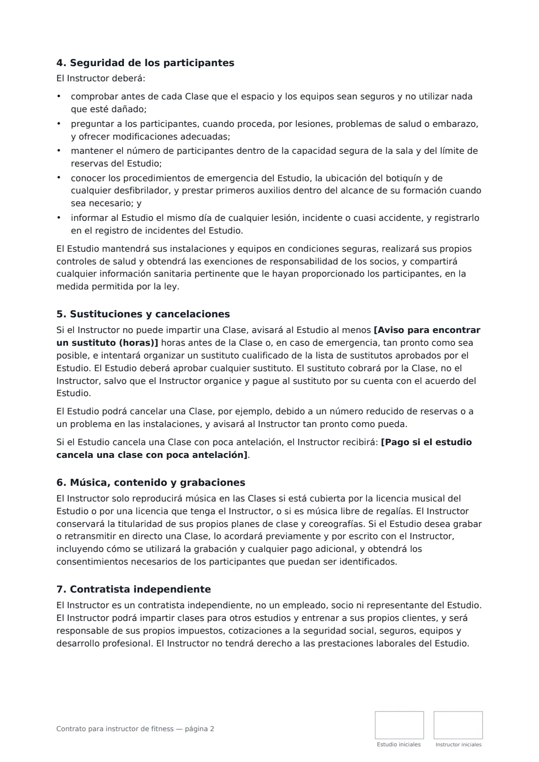 Contrato para instructor de fitness: página 2 de 3