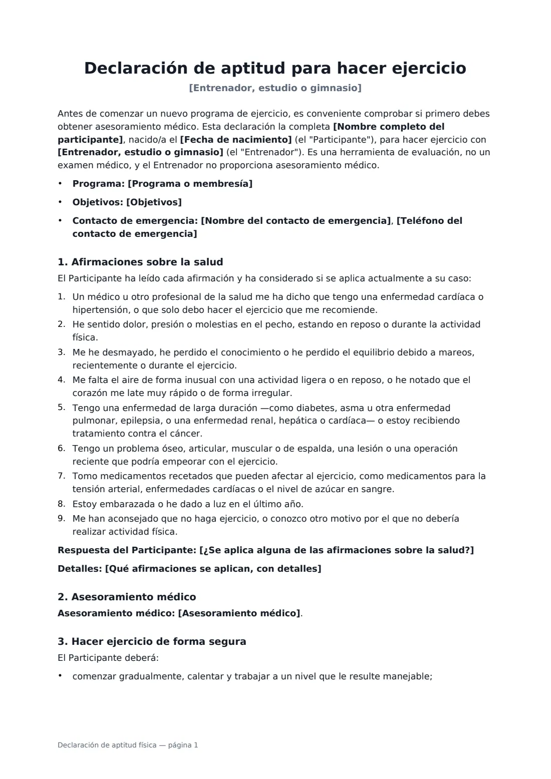 Declaración de aptitud física: página 1 de 2