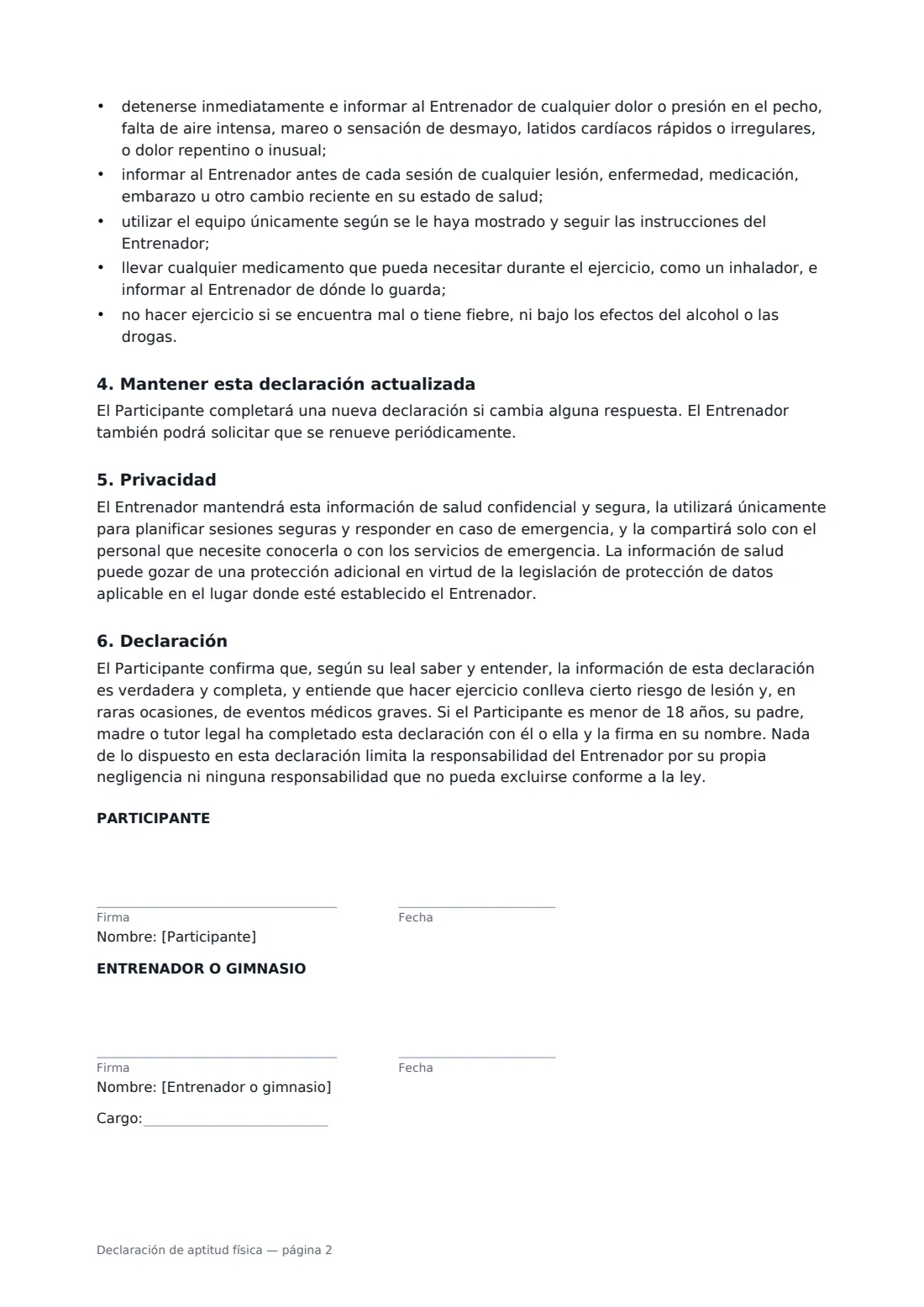 Declaración de aptitud física: página 2 de 2