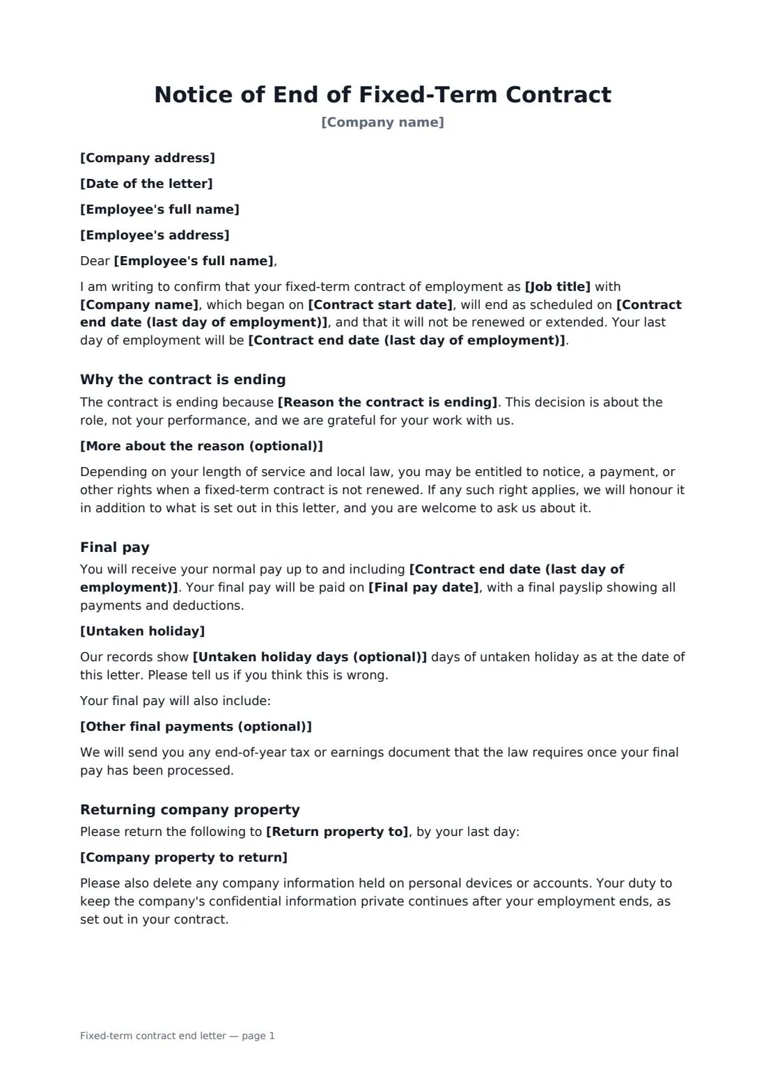 Fixed-term contract end letter — page 1 of 2