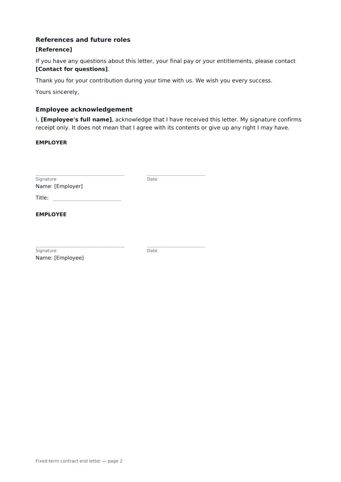 Fixed-term contract end letter — page 2 of 2