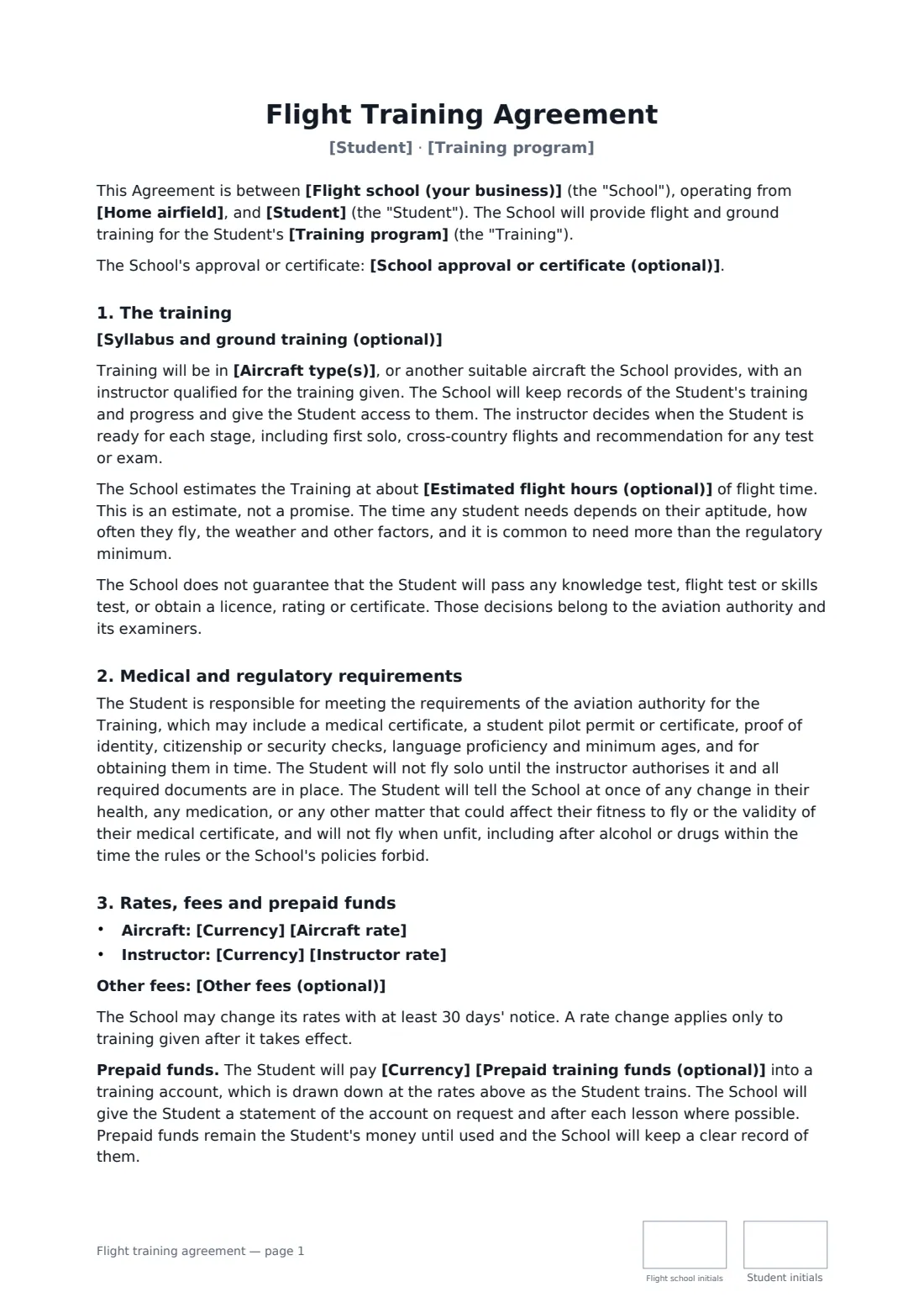 Flight training agreement — page 1 of 3