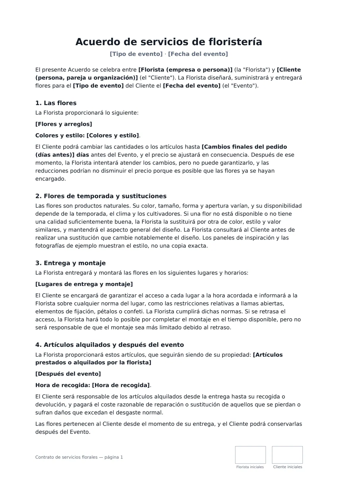 Contrato de servicios florales: página 1 de 3