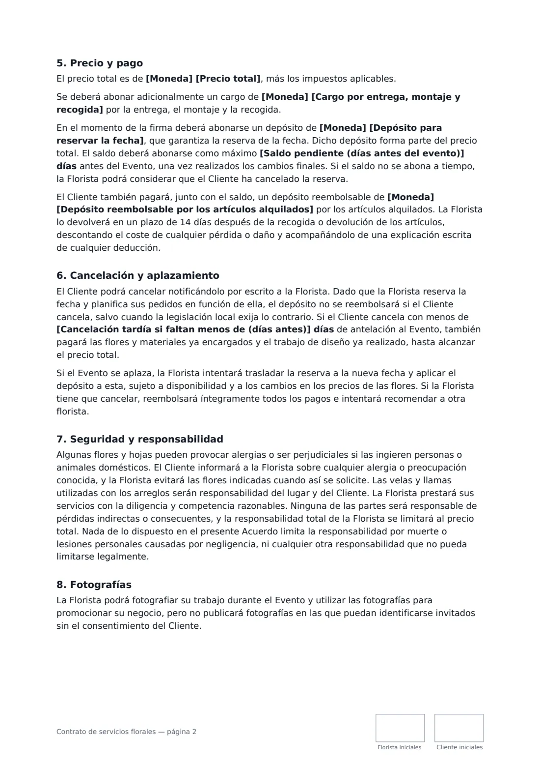 Contrato de servicios florales: página 2 de 3