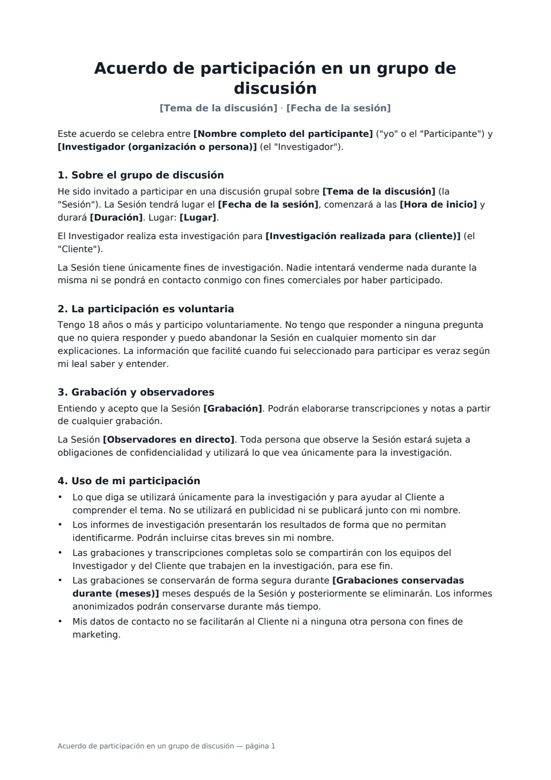 Acuerdo de participación en un grupo de discusión: página 1 de 2