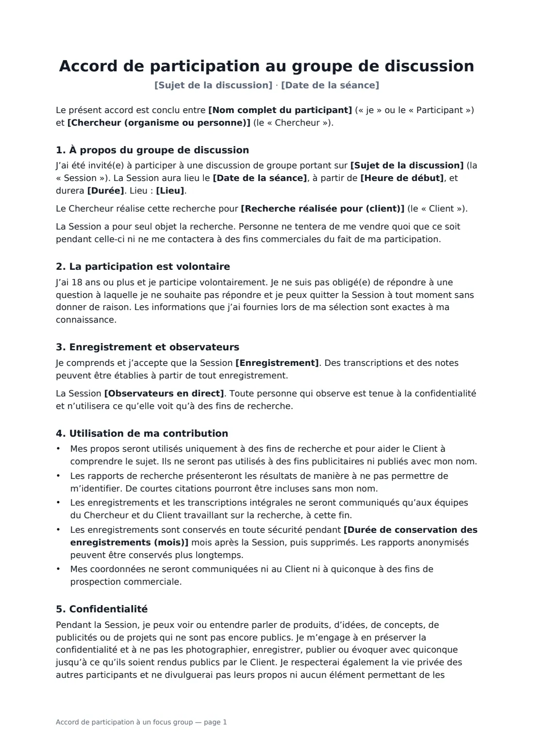 Accord de participation à un focus group — page 1 sur 2