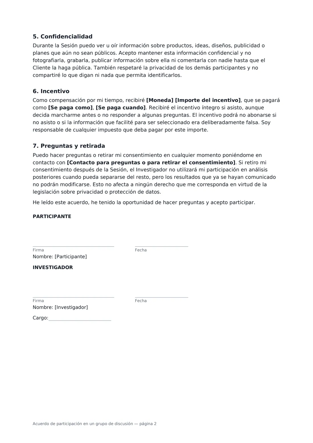 Acuerdo de participación en un grupo de discusión: página 2 de 2