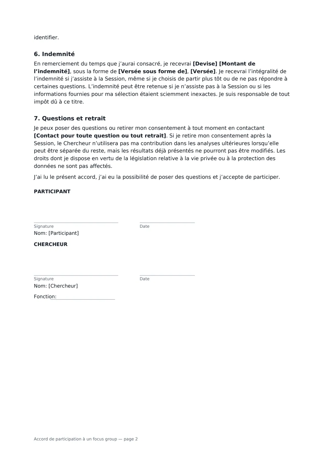 Accord de participation à un focus group — page 2 sur 2
