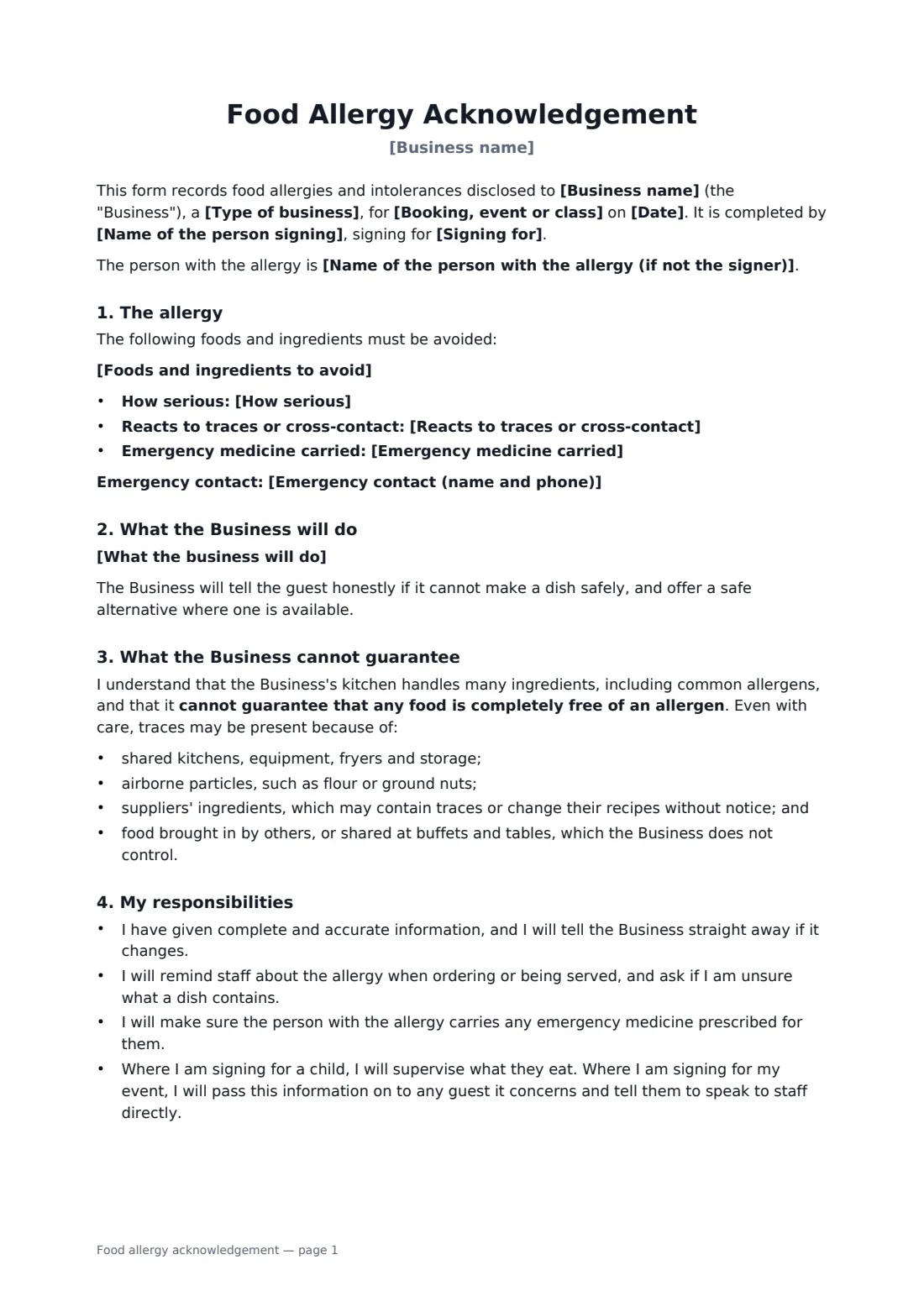 Food allergy acknowledgement — page 1 of 2