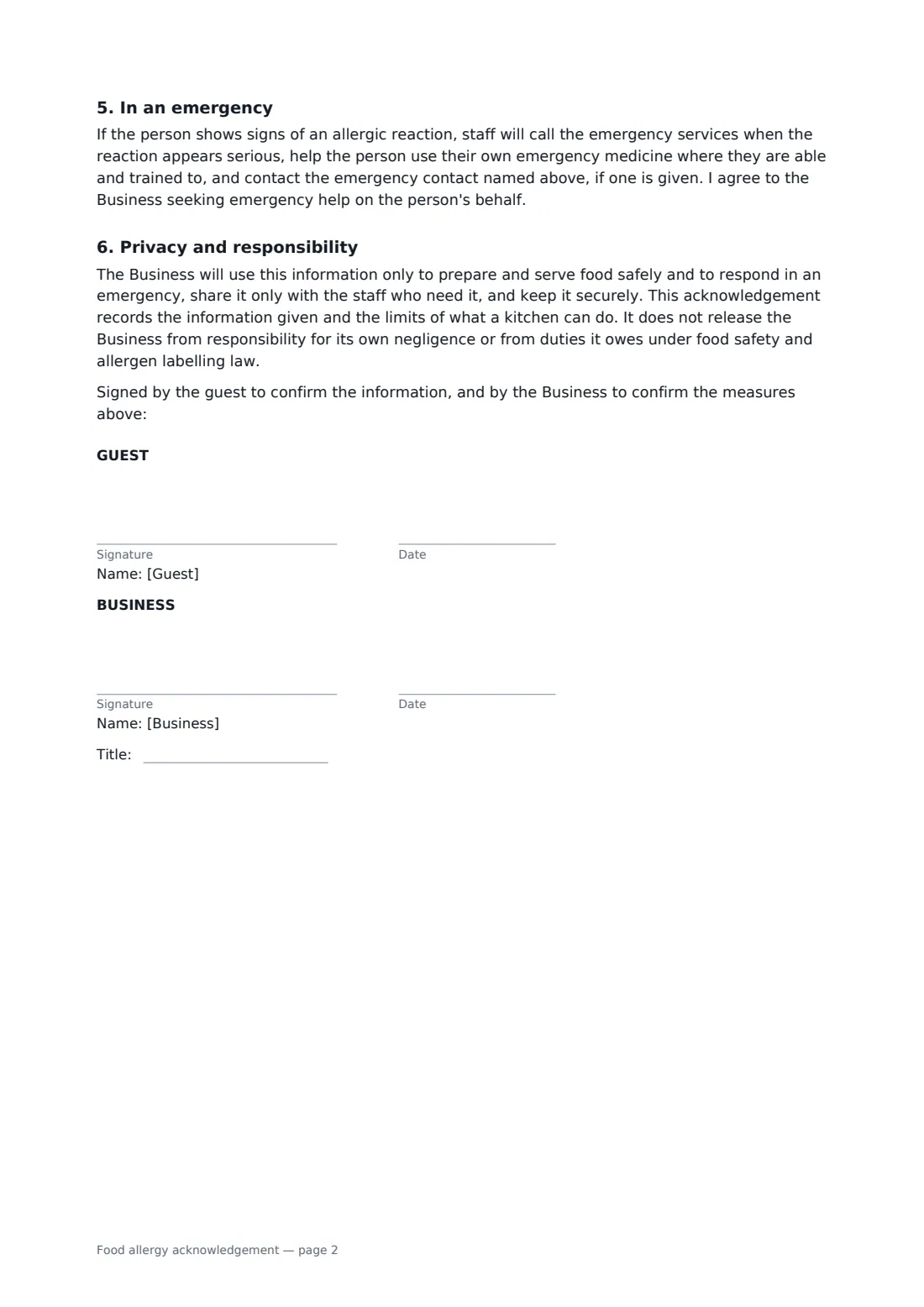 Food allergy acknowledgement — page 2 of 2