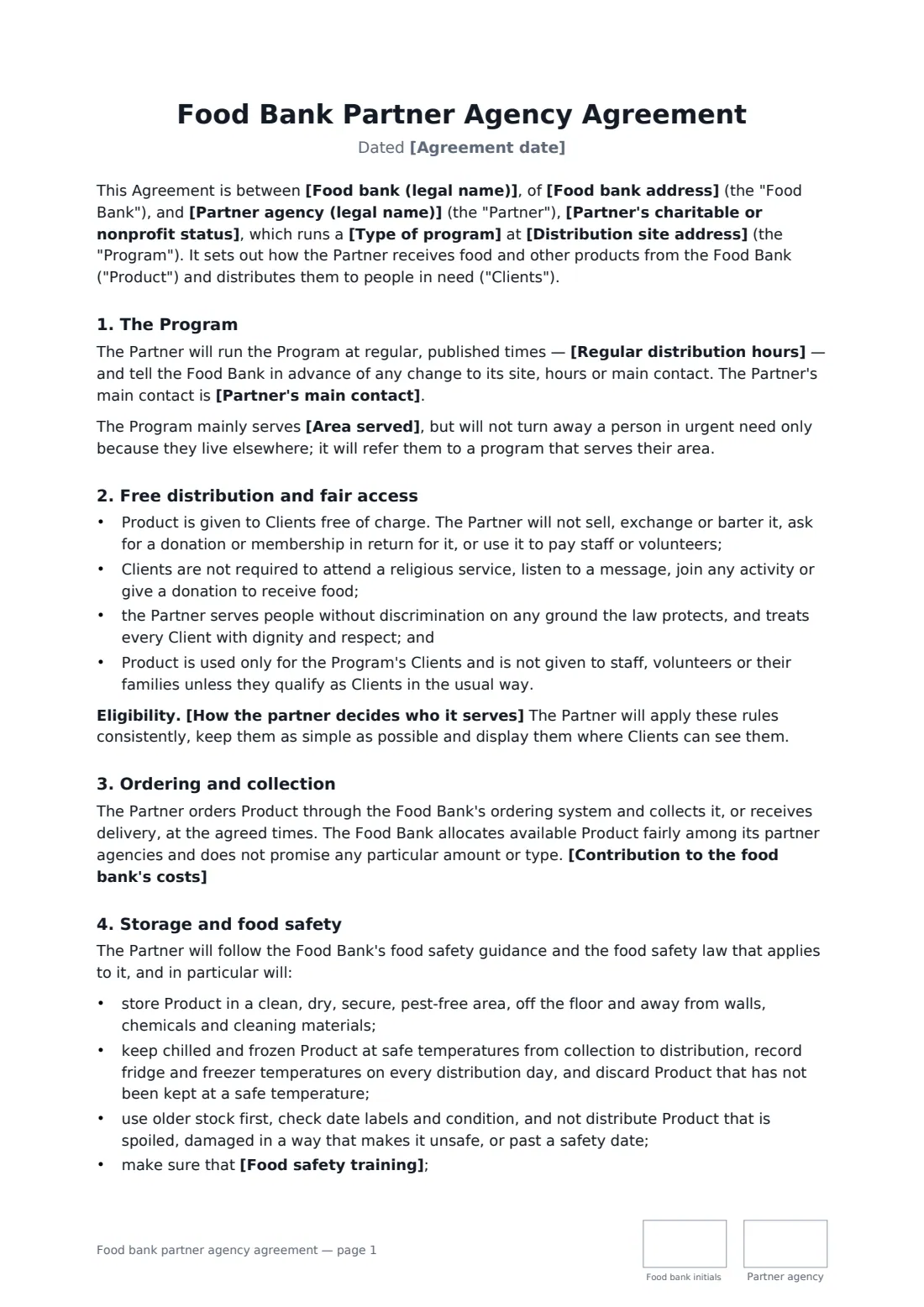 Food bank partner agency agreement — page 1 of 3