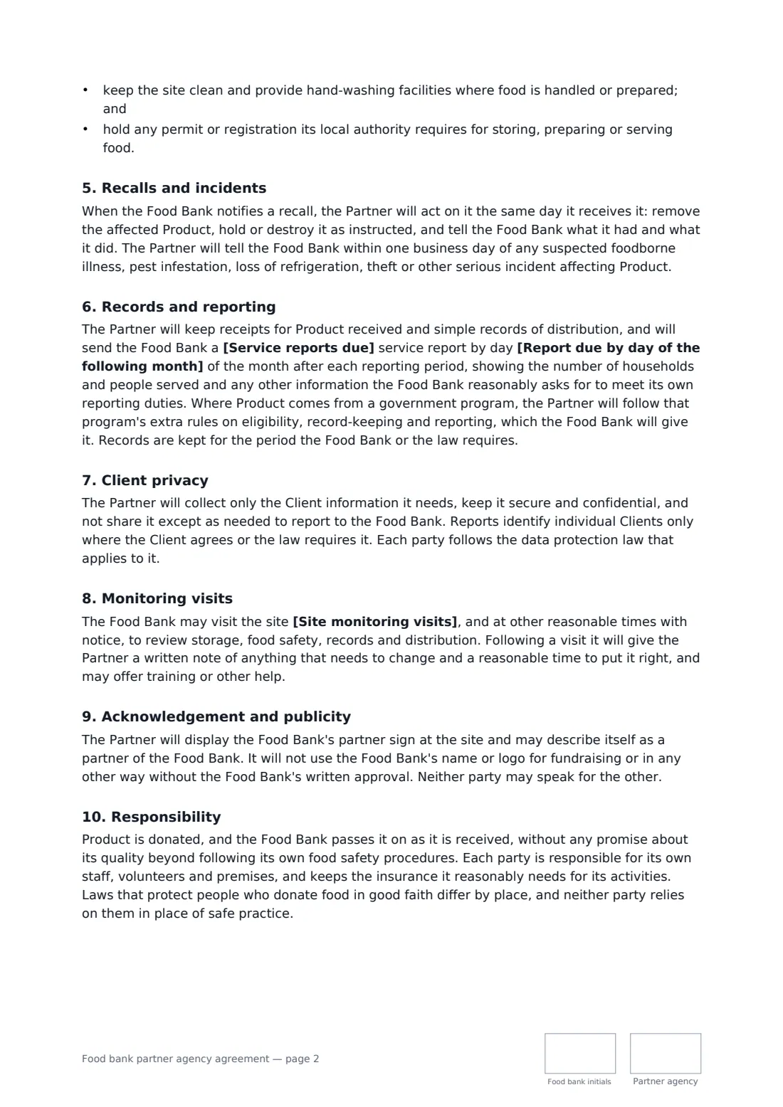 Food bank partner agency agreement — page 2 of 3
