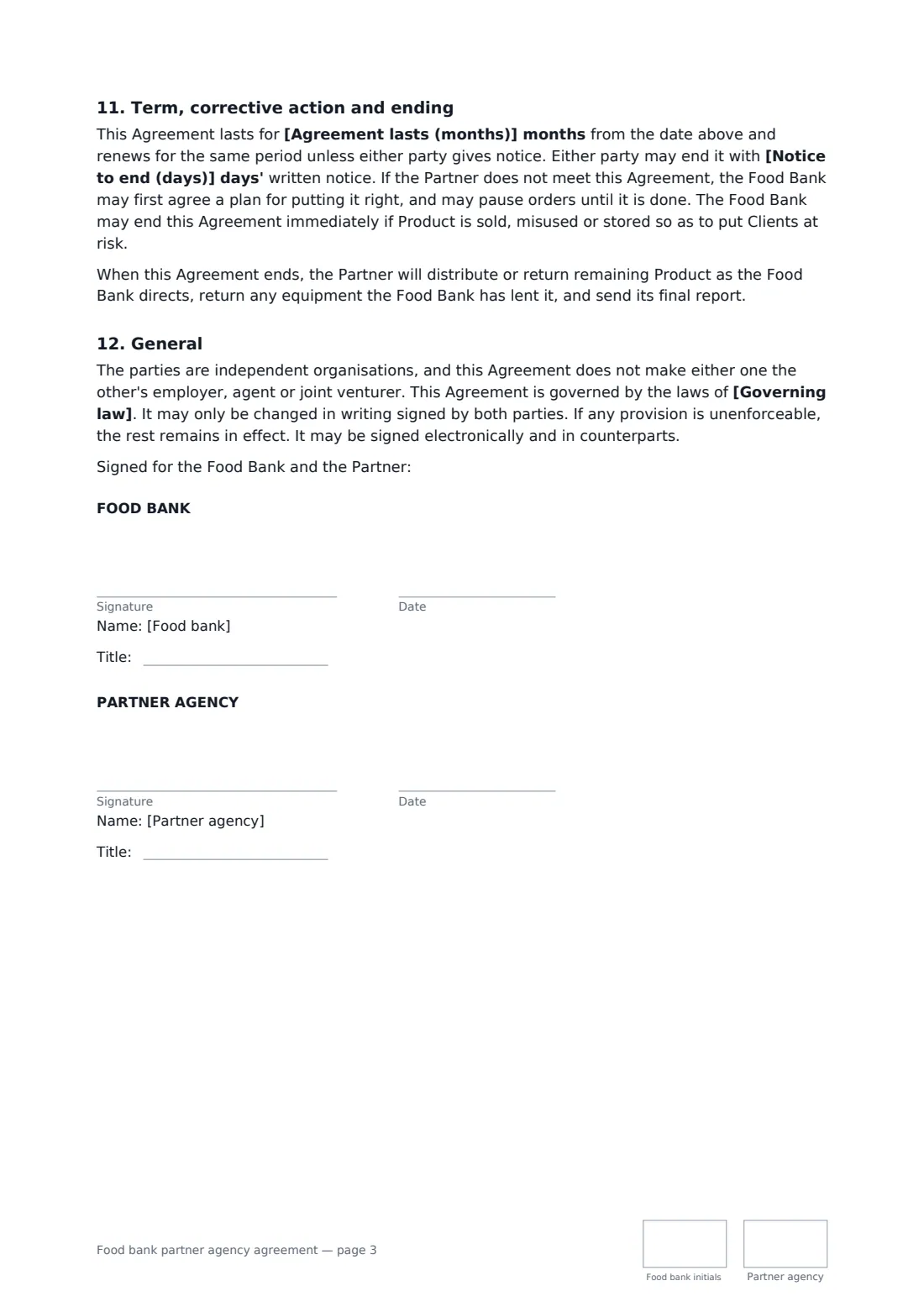 Food bank partner agency agreement — page 3 of 3