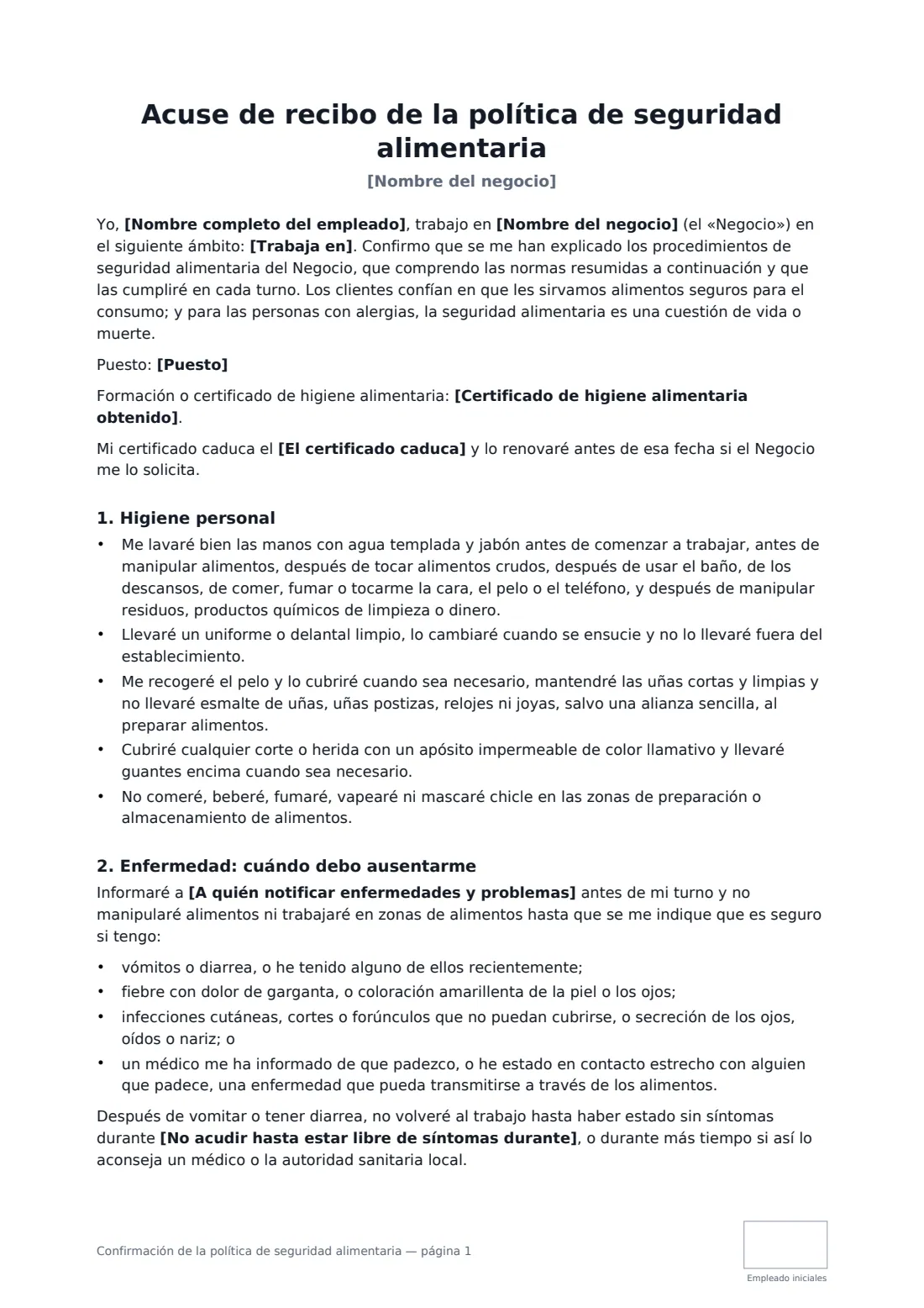 Confirmación de la política de seguridad alimentaria: página 1 de 3