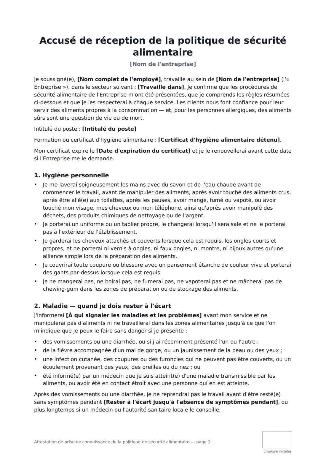 Attestation de prise de connaissance de la politique de sécurité alimentaire — page 1 sur 3