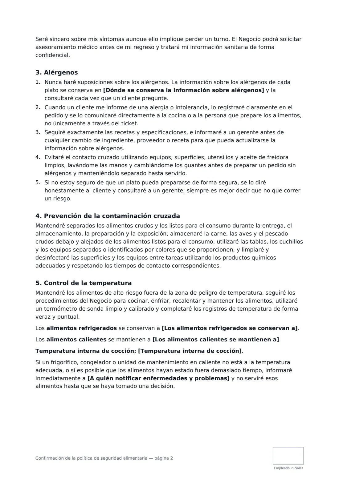 Confirmación de la política de seguridad alimentaria: página 2 de 3