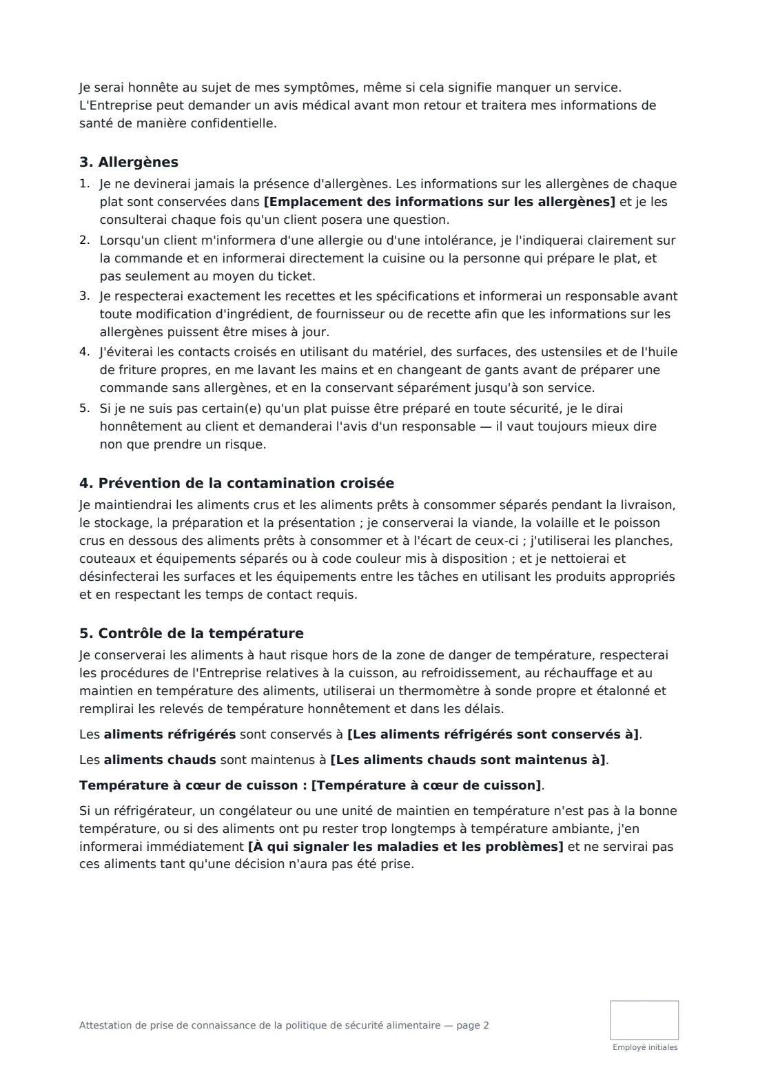 Attestation de prise de connaissance de la politique de sécurité alimentaire — page 2 sur 3
