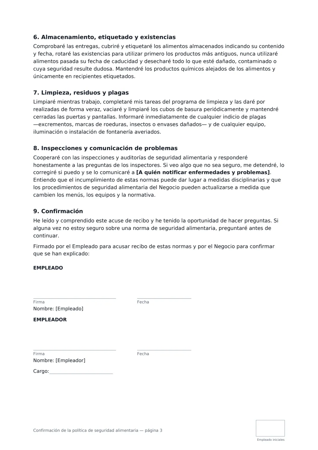 Confirmación de la política de seguridad alimentaria: página 3 de 3