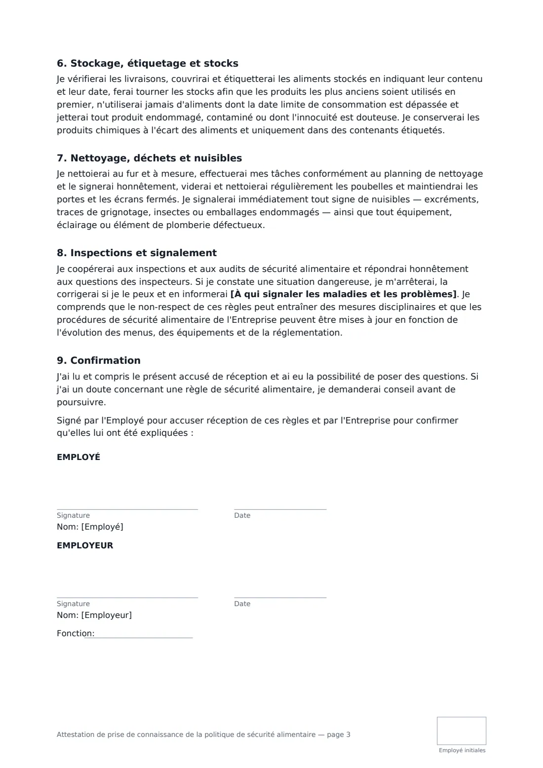 Attestation de prise de connaissance de la politique de sécurité alimentaire — page 3 sur 3