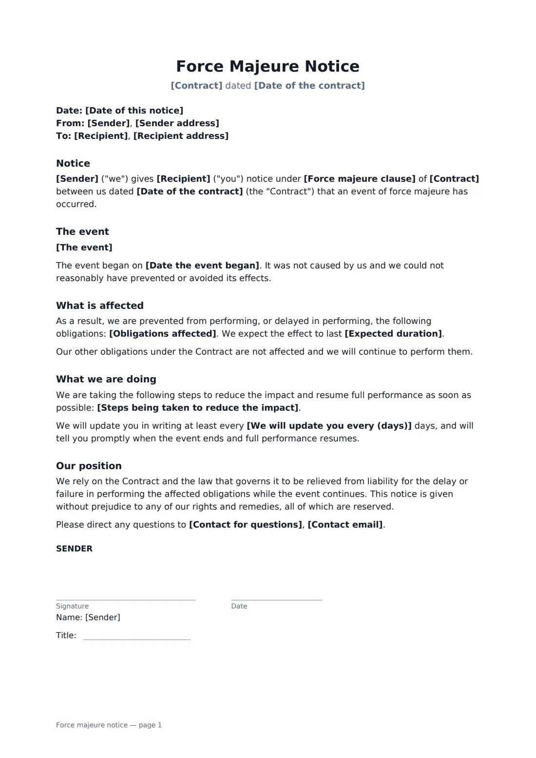 Force majeure notice — page 1 of 2