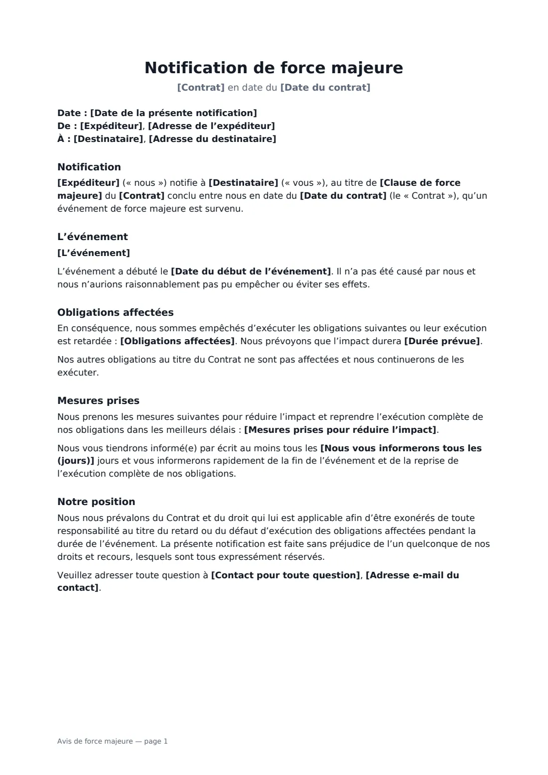 Avis de force majeure — page 1 sur 2