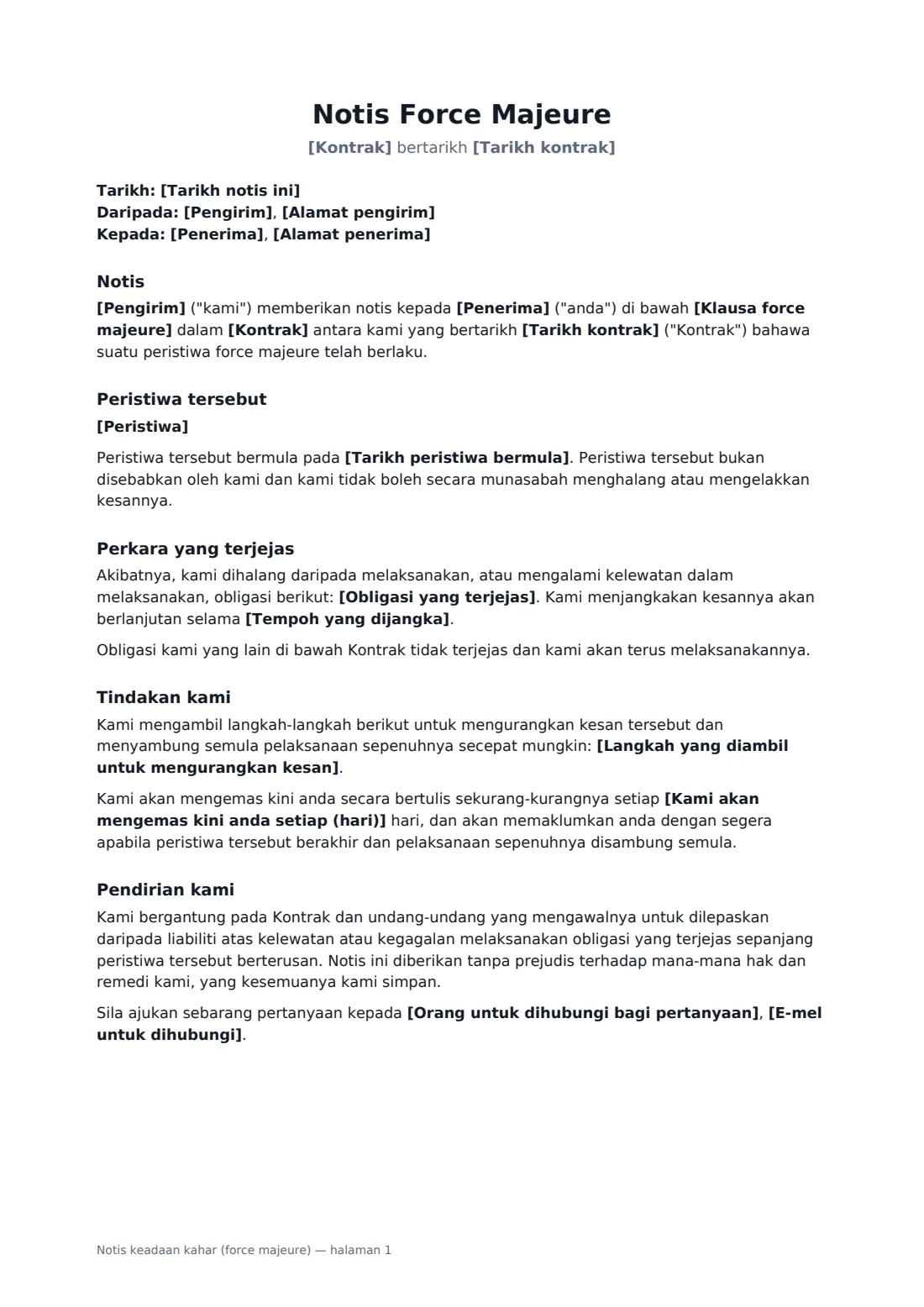 Notis keadaan kahar (force majeure) — halaman 1 daripada 2