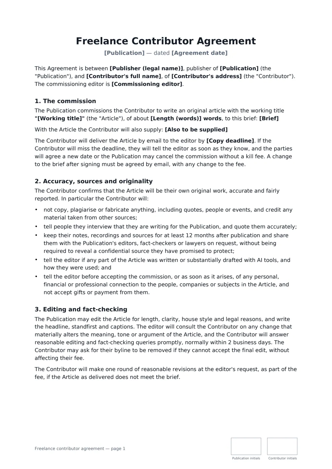 Freelance contributor agreement — page 1 of 3