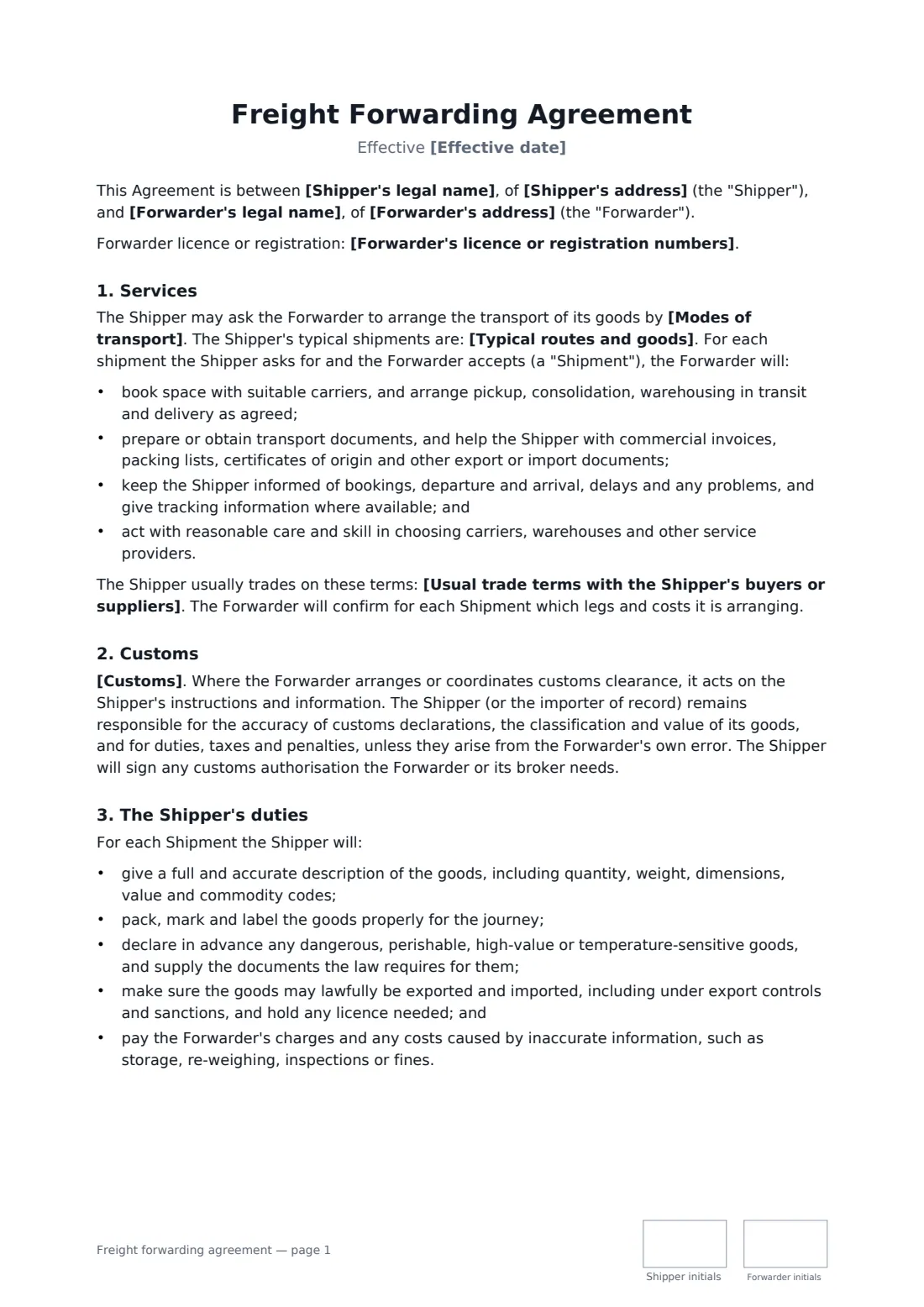 Freight forwarding agreement — page 1 of 3