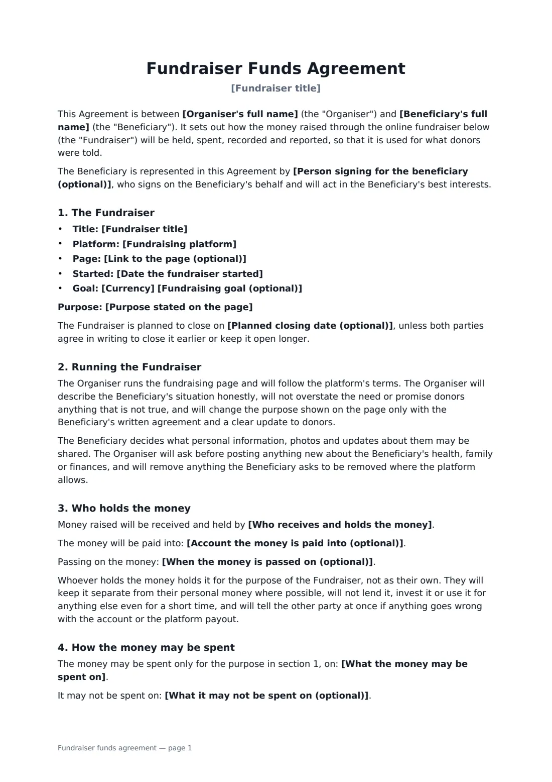 Fundraiser funds agreement — page 1 of 3