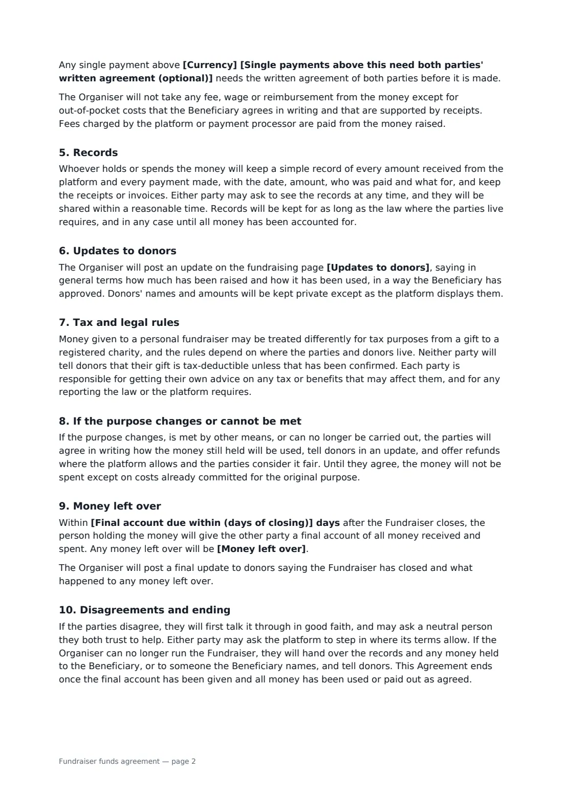 Fundraiser funds agreement — page 2 of 3