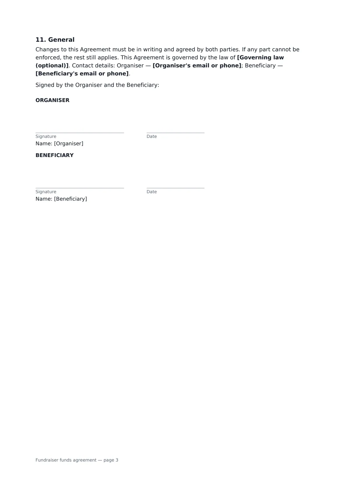 Fundraiser funds agreement — page 3 of 3