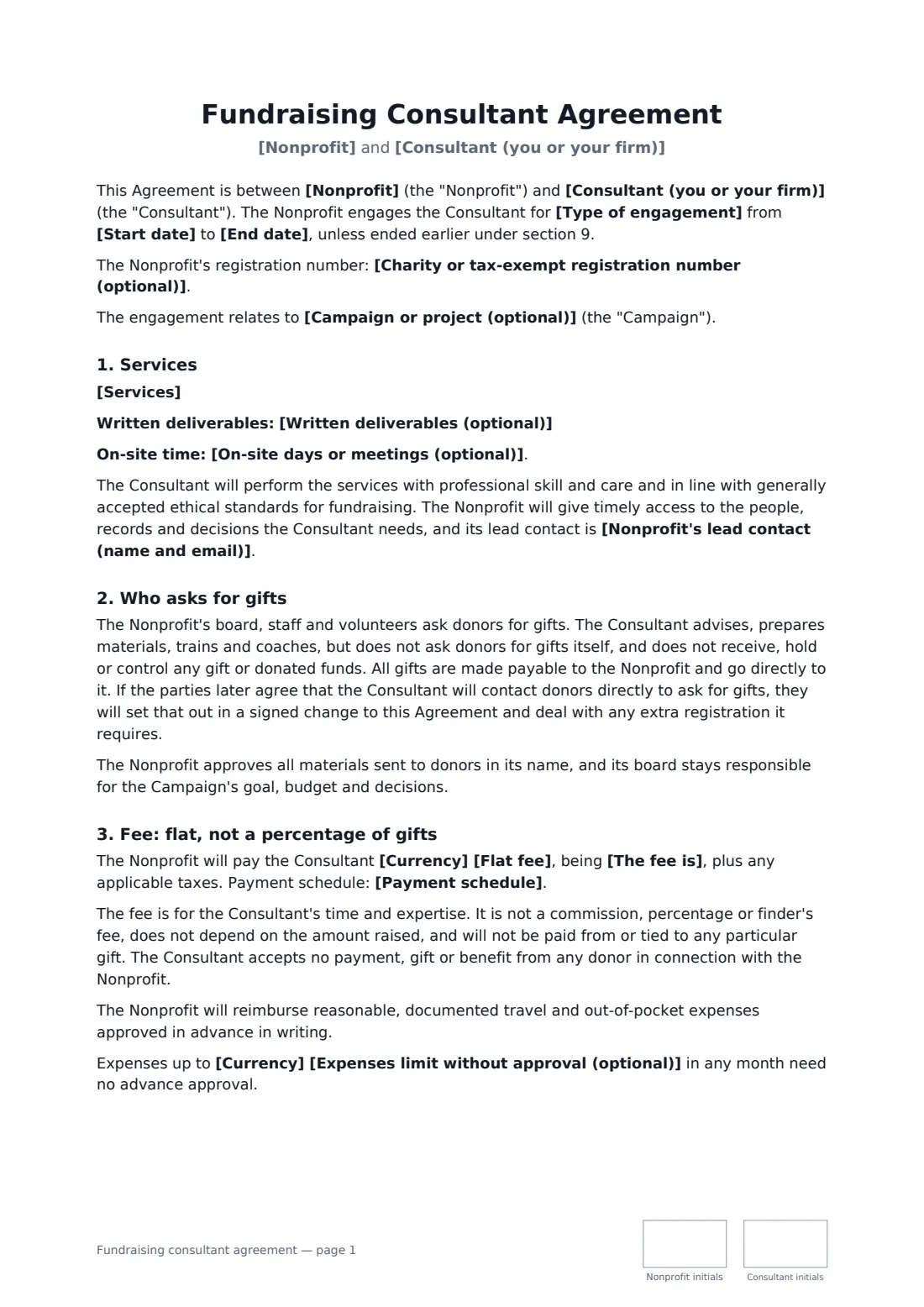 Fundraising consultant agreement — page 1 of 3