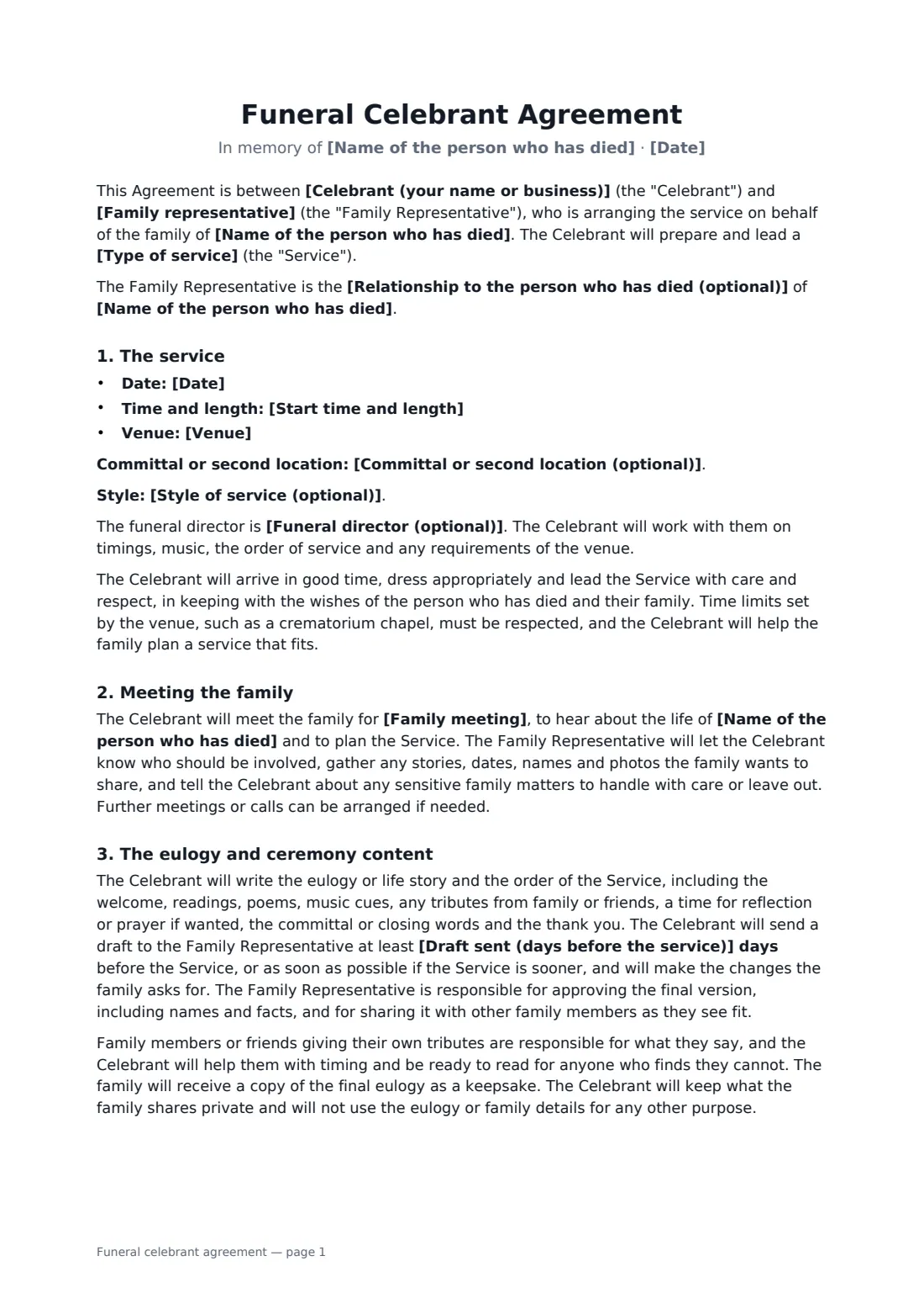 Funeral celebrant agreement — page 1 of 2