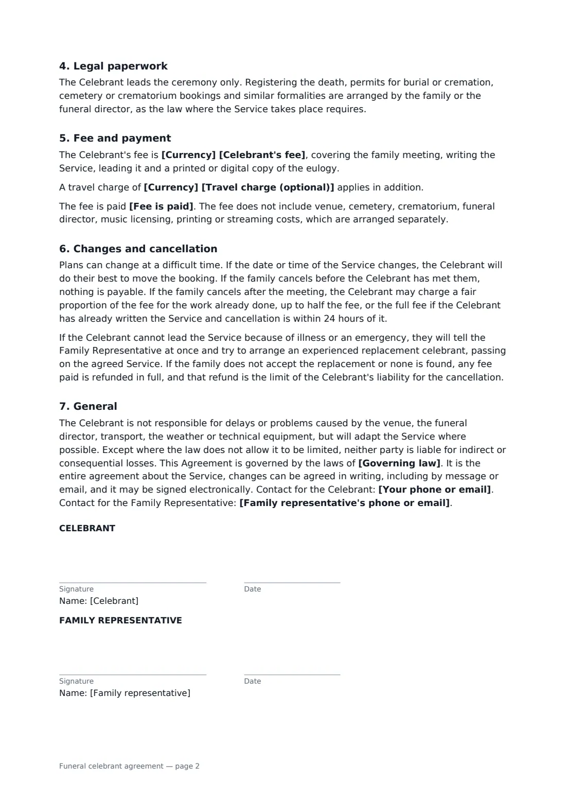 Funeral celebrant agreement — page 2 of 2