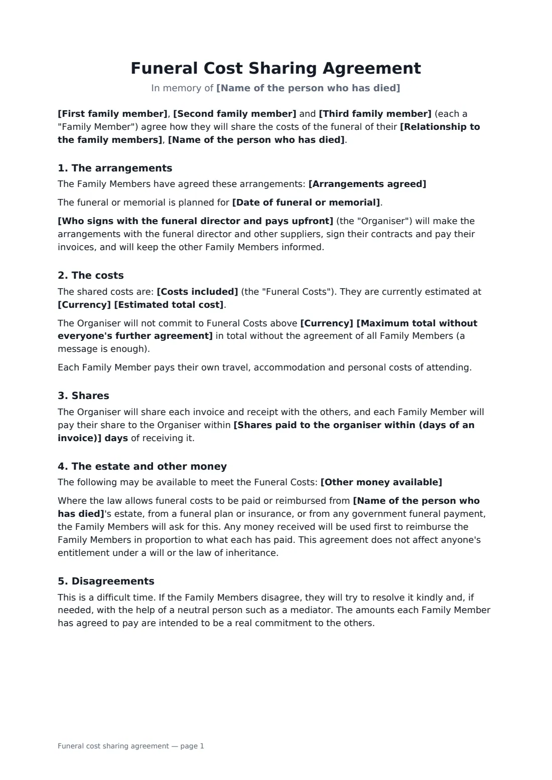 Funeral cost sharing agreement — page 1 of 2