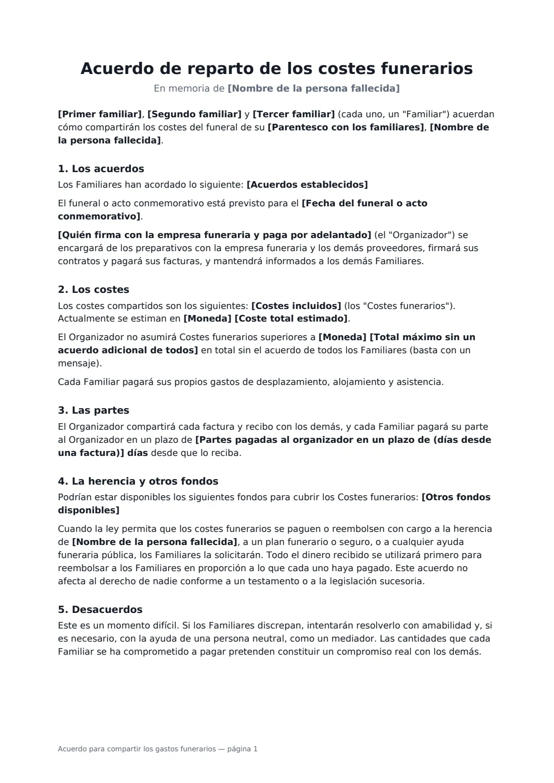Acuerdo para compartir los gastos funerarios: página 1 de 2