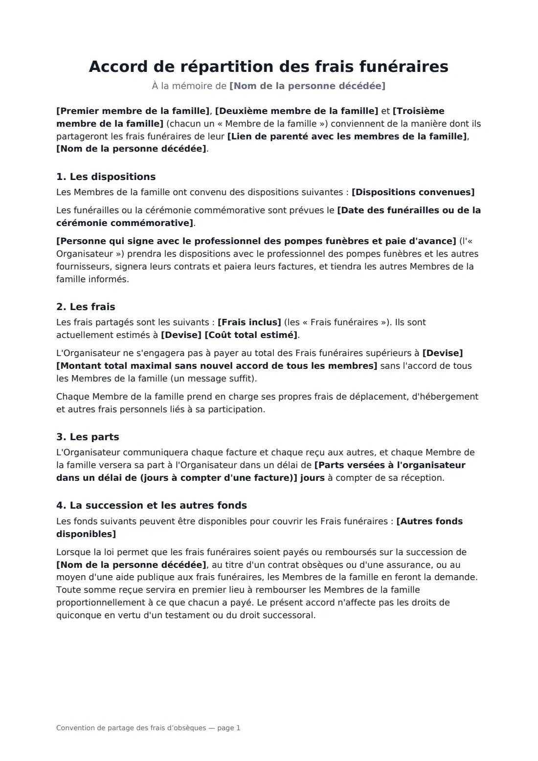 Convention de partage des frais d’obsèques — page 1 sur 2