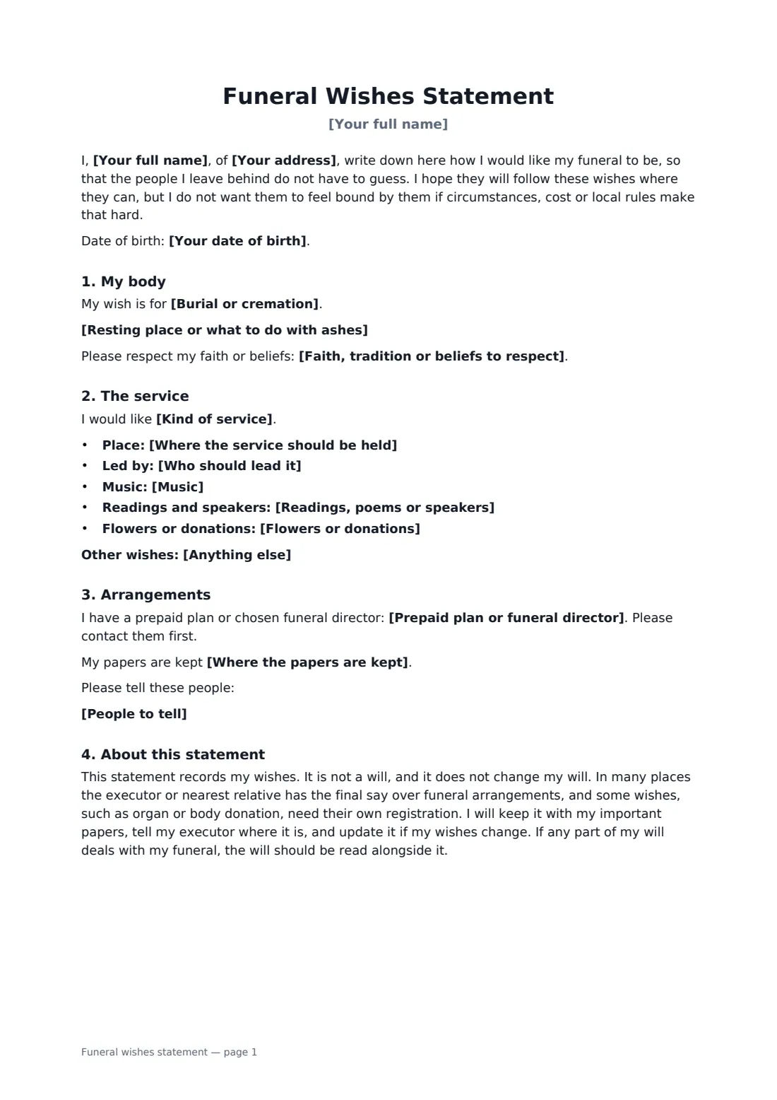 Funeral wishes statement — page 1 of 2