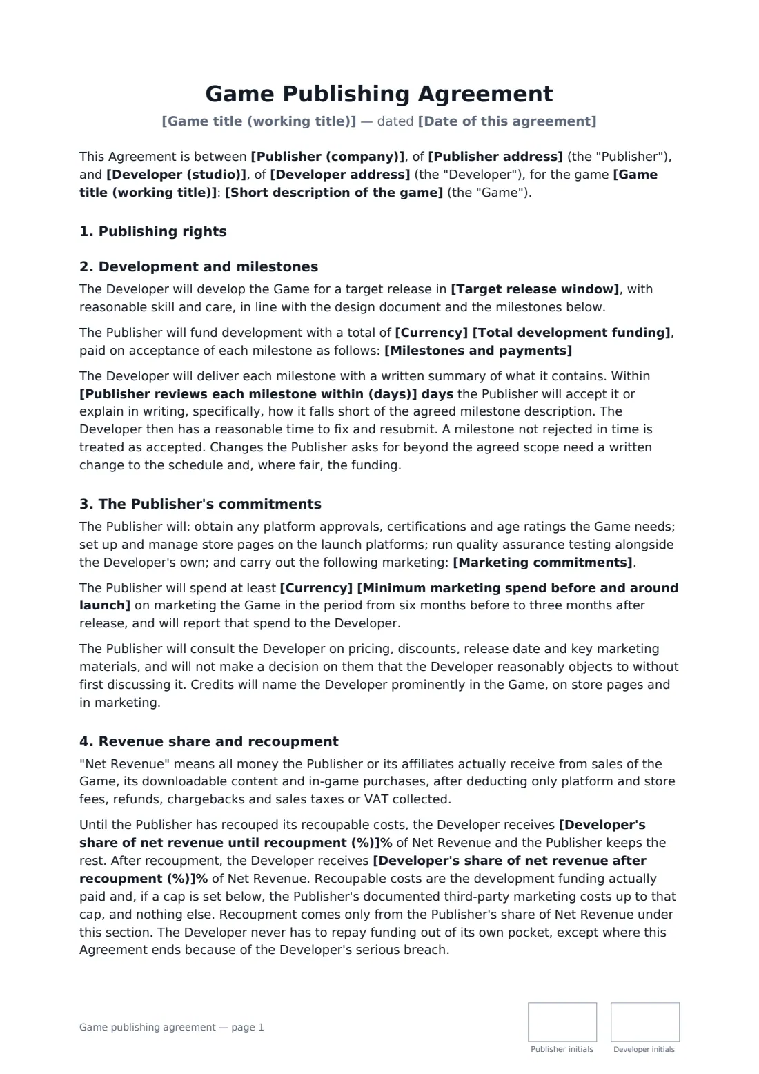 Game publishing agreement — page 1 of 3