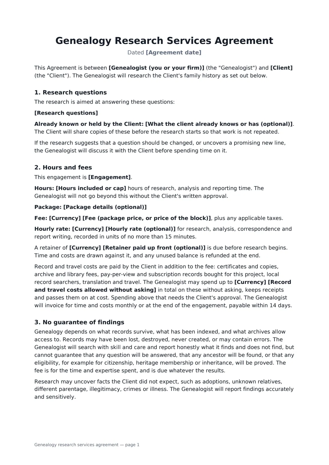 Genealogy research services agreement — page 1 of 3