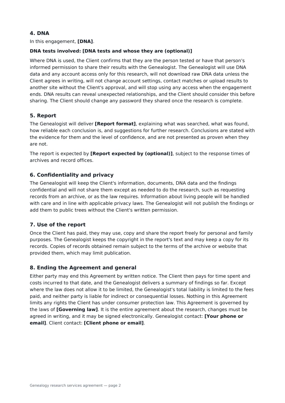Genealogy research services agreement — page 2 of 3
