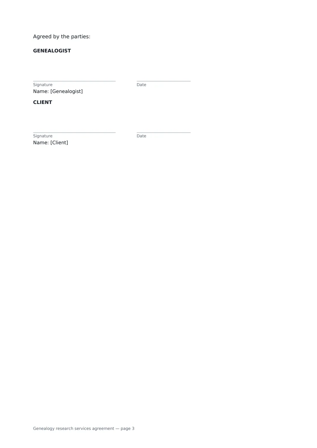 Genealogy research services agreement — page 3 of 3