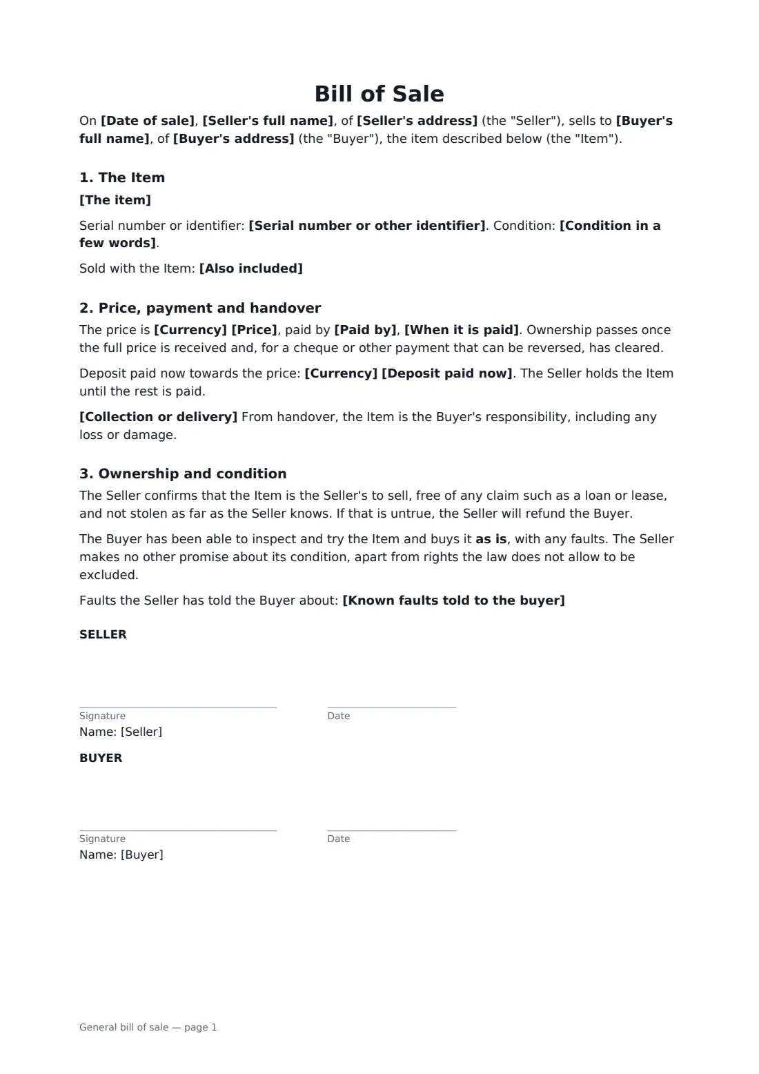 General bill of sale — page 1 of 1