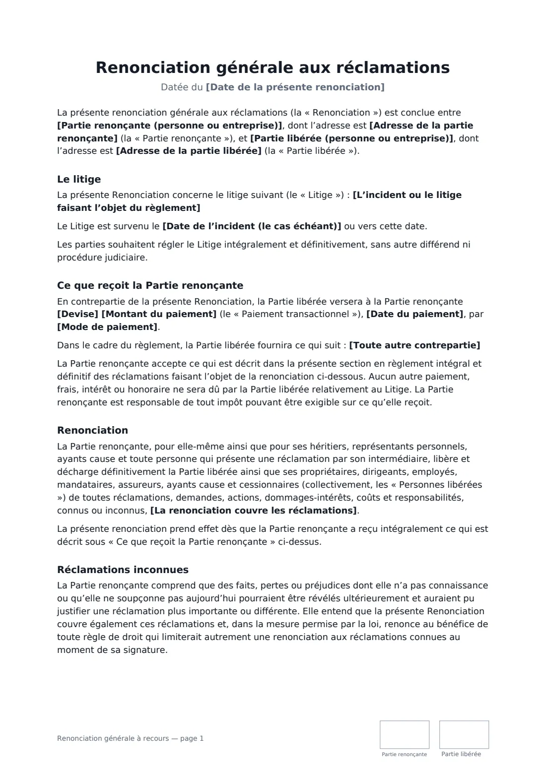 Renonciation générale à recours — page 1 sur 3