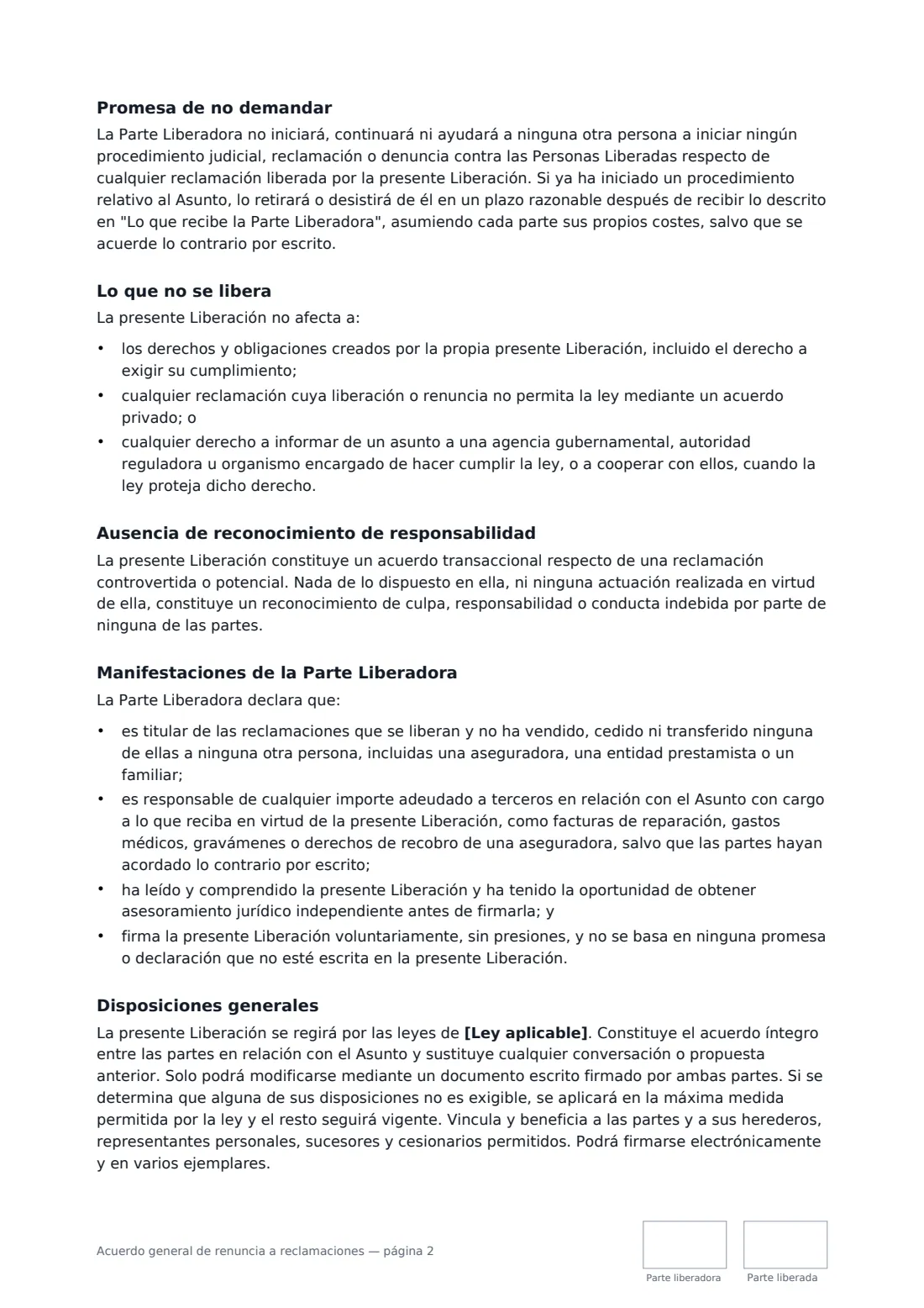 Acuerdo general de renuncia a reclamaciones: página 2 de 3