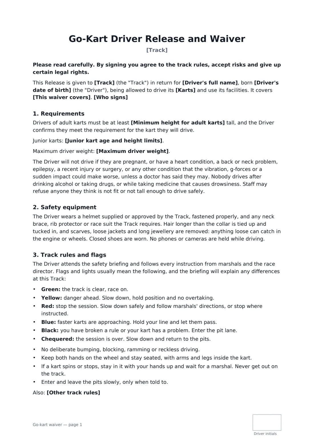 Go-kart waiver — page 1 of 2