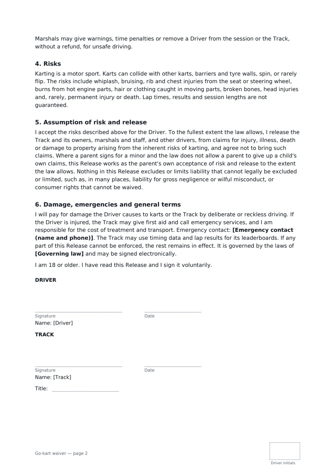 Go-kart waiver — page 2 of 2