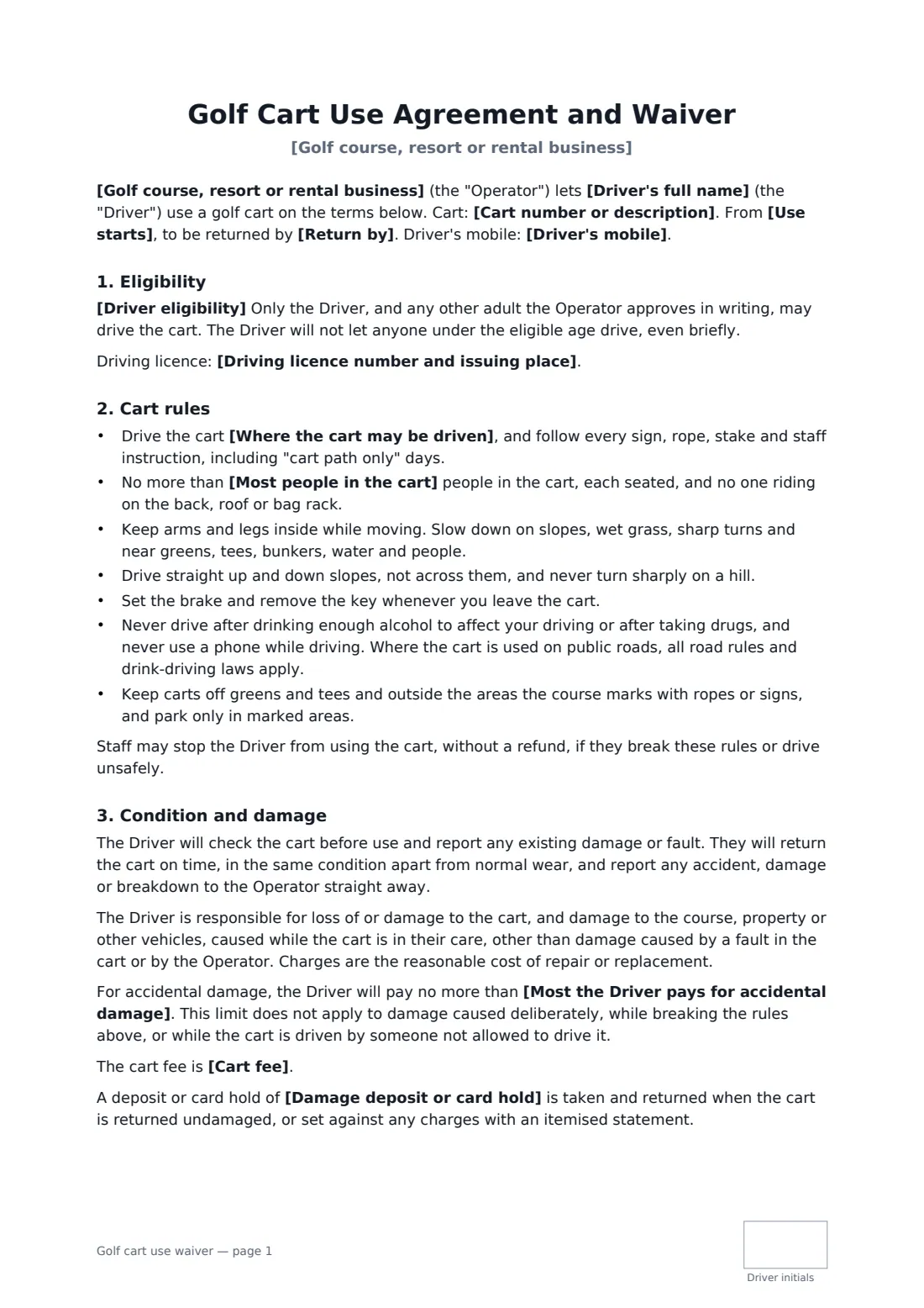 Golf cart use waiver — page 1 of 2