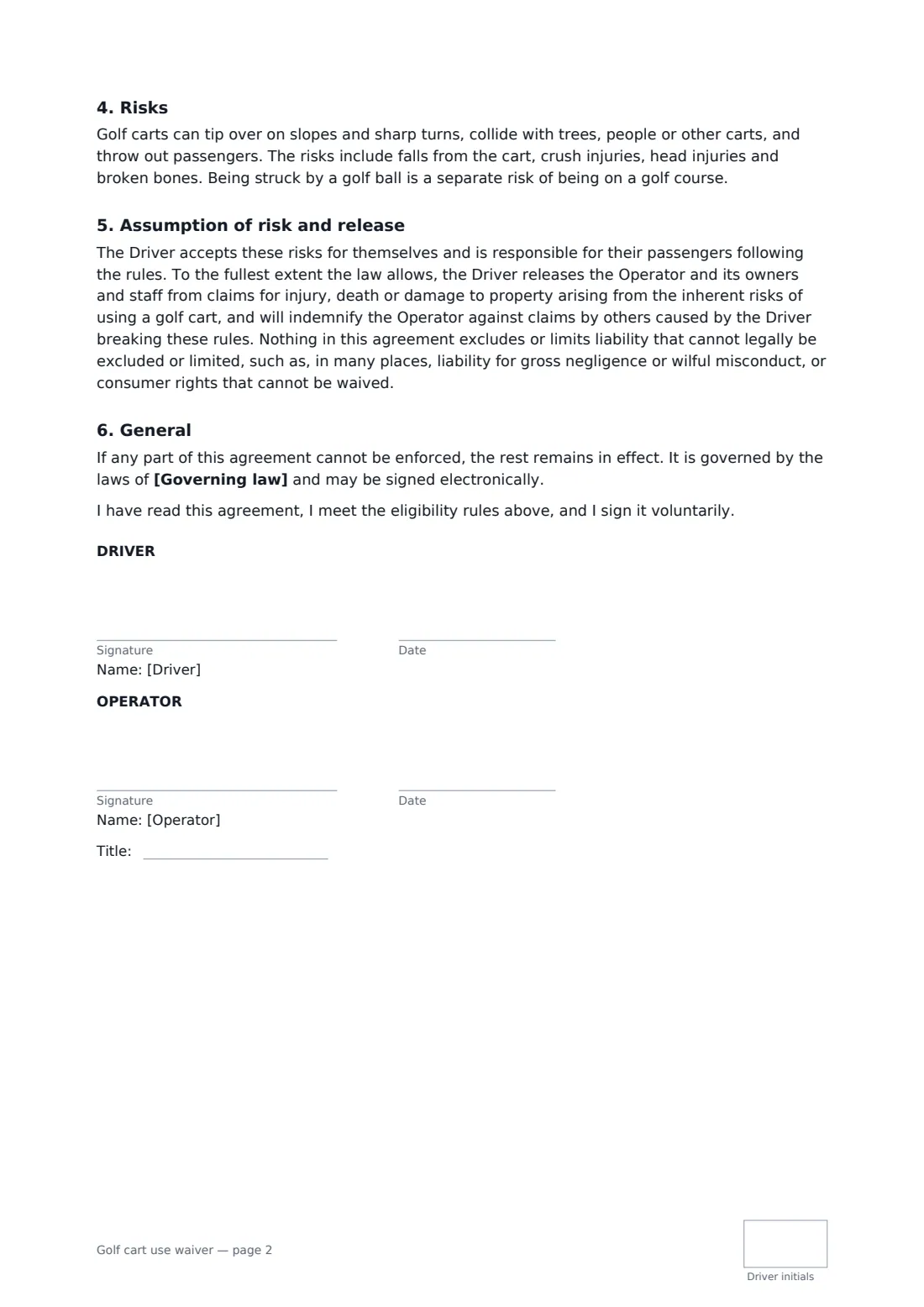 Golf cart use waiver — page 2 of 2