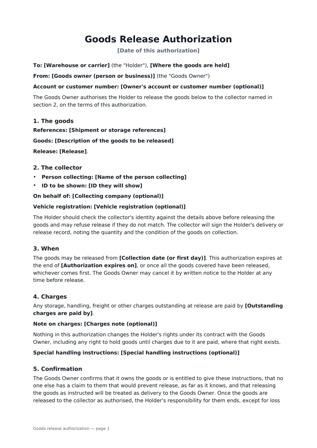 Goods release authorization — page 1 of 2